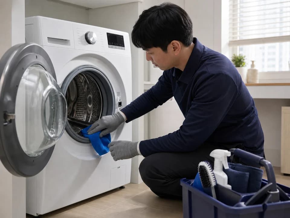 드럼 세탁기 문과 고무 패킹 안쪽을 닦는 세탁기청소 작업자